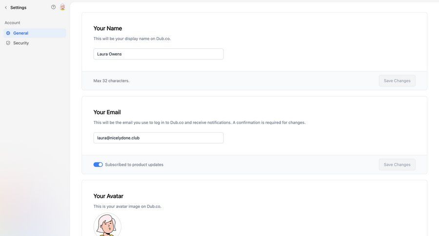Dub
			 settings sidebar navigation form account setup user settings workspace settings account settings account deletion user account profile management product update modern avatar upload option menu ui page example