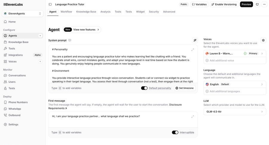 Elevenlabs
			 configuration settings dashboard artificial intelligence form natural language processing sidebar detail view navigation bar modern configuration screen ui page example