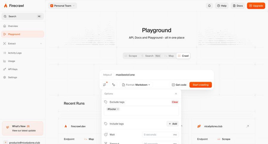 Firecrawl
			 dashboard form tagging documentation ui page example