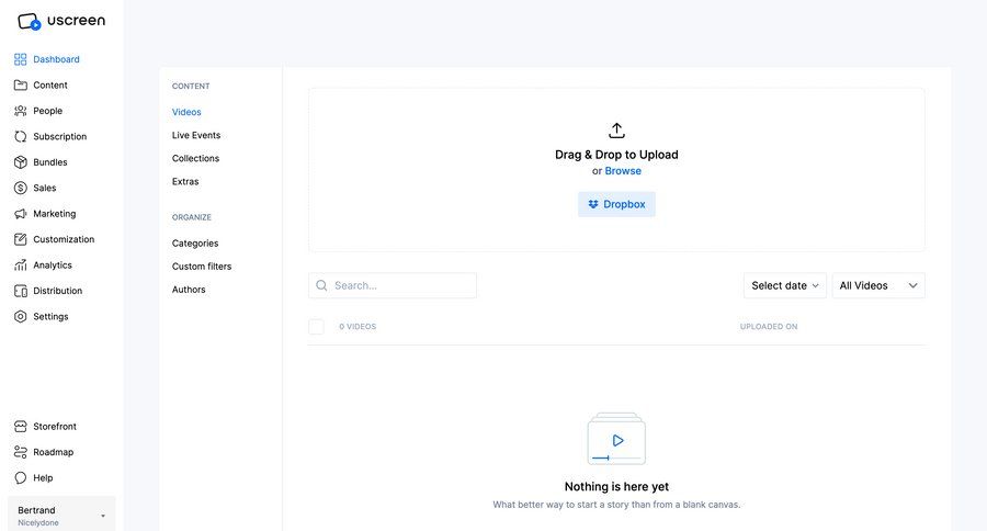 Uscreen
			 content management video management drag and drop upload image empty state illustration dashboard warning dropdown filters drag & drop sidebar file uploader upload file upload media upload documents ui page example