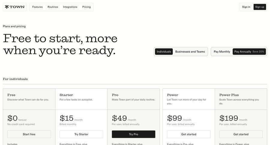 Town
			 enterprise plan saas pricing ui page example