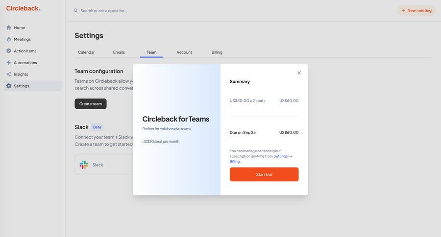 Circleback
			settings plans & pricing (in app) modal & popover team settings configuration settings subscription management ui page example