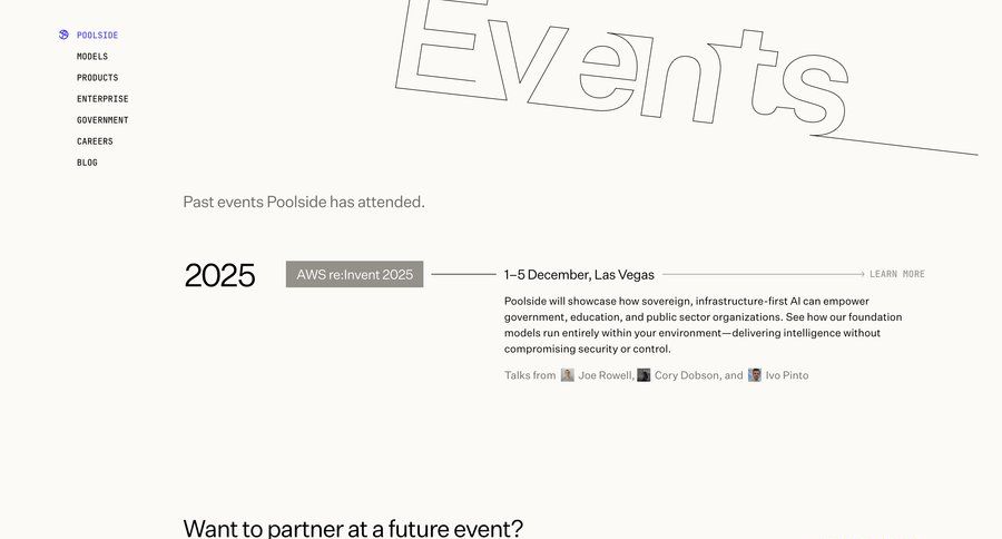 Poolside
			list company events minimalist design b2b marketing ui page example