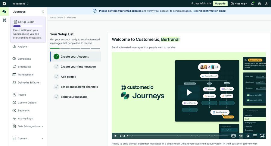 Customer.io
			 sidebar navigation onboarding account setup progress indicator progress tracking customer engagement sidebar setup menu progress bar modern email confirmation ui page example