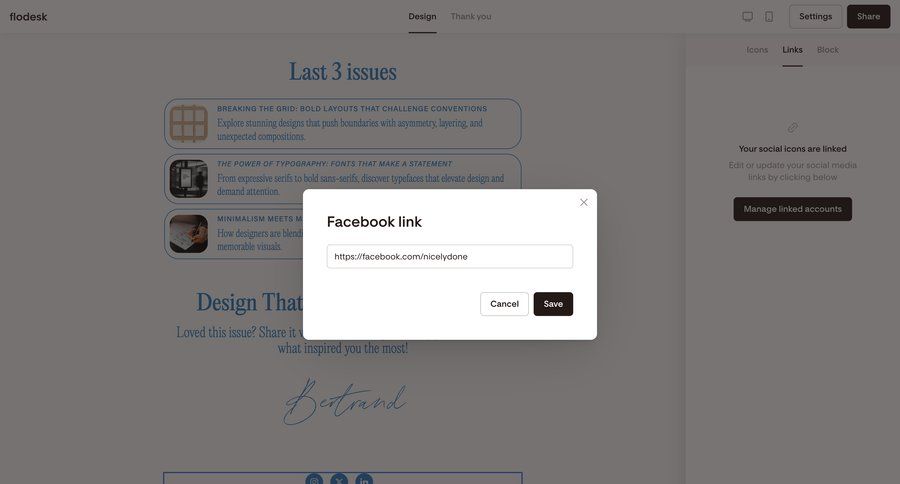 Flodesk
			 settings form design profile settings account settings manage links typography user profile user user termination profile page ui page example