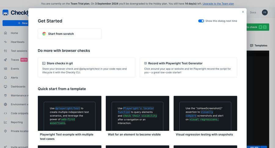 Checkly
			 grid onboarding automation onboarding modal getting started new setup ui page example