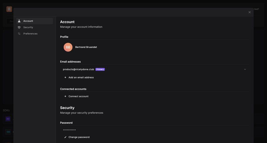 Dash0
			 account settings email management user profile settings modal ui page example