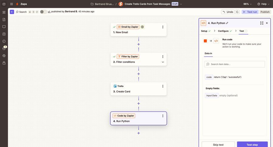 Zapier
			 modal screen configuration workflow form automation progress indicator workflow configuration setup integration configuration screen code snippet ui page example