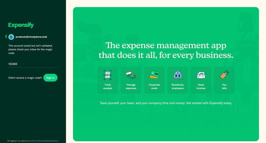 Expensify
			 finance user authentication split screen authentication product discovery expense management features management login homepage home page modern pay bill ui page example