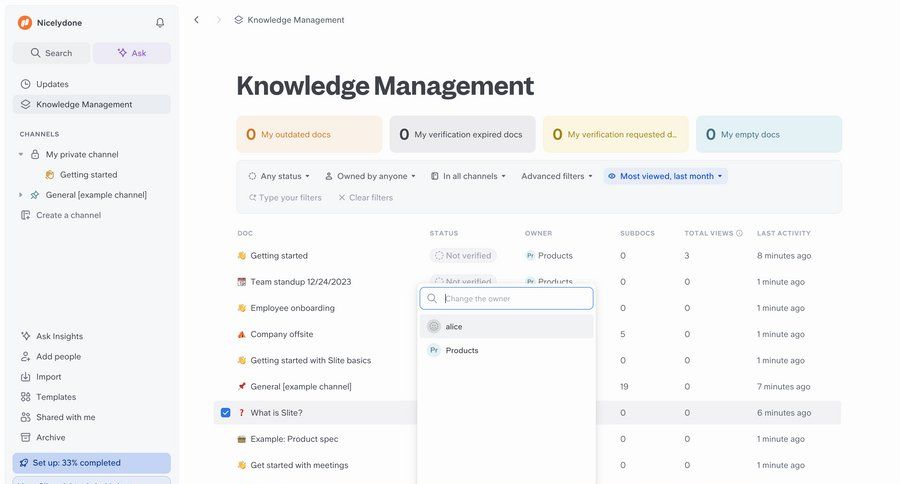 Slite
			 collaboration dashboard document management knowledge management dropdown filters table autocomplete ui page example