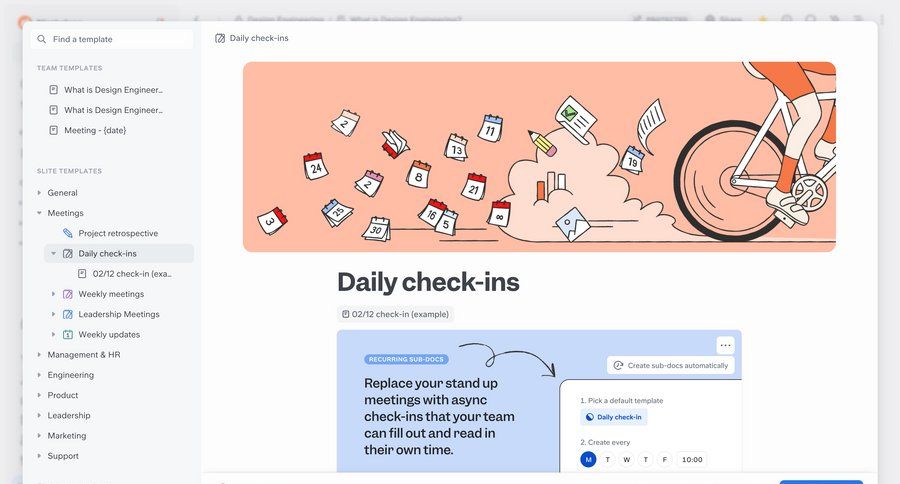 Slite
			 team collaboration sidebar navigation project management template customization template selection ui page example