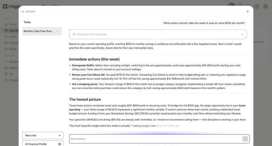 Origin Financial
			 conversational interface ui page example