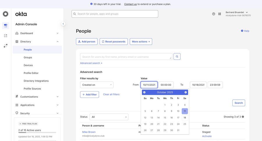 Okta
			 trial banner date picker advanced search ui page example
