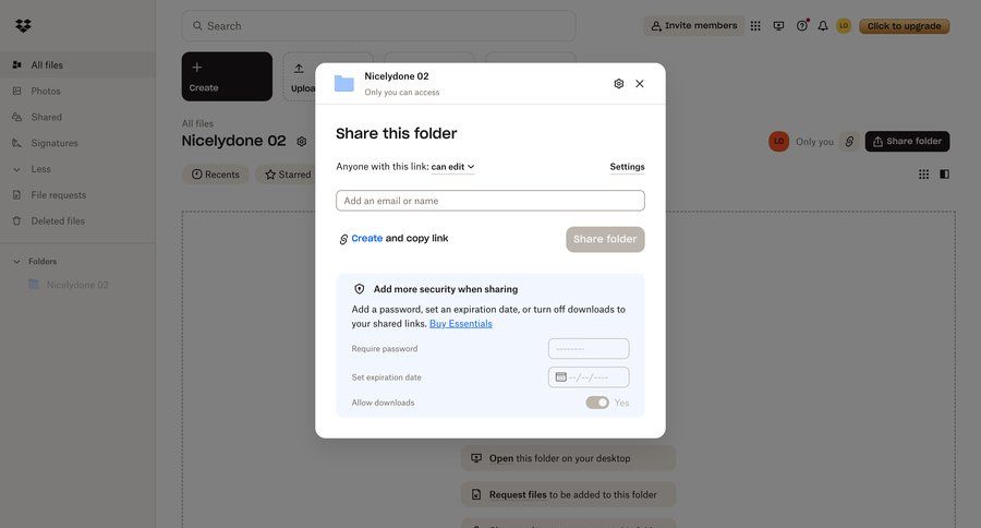 Dropbox
			modal & popover sharing settings collaboration form share modal file management access control file list screen document list manage links upgrade modal radio group security ui page example