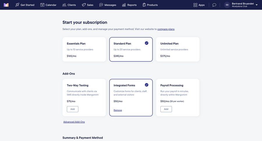 Mangomint
			 form subscription management subscription plans summary payment processing ui page example
