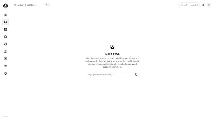 Midday
			 settings sidebar navigation onboarding automation finance file upload configuration screen ui page example