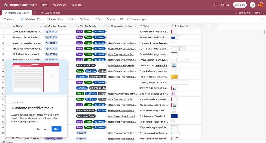 Airtable
			 modal screen collaboration grid onboarding table headers data display dropdown filters tutorial guided tour task management dashboard table dashboard layouts check out data grid ui page example