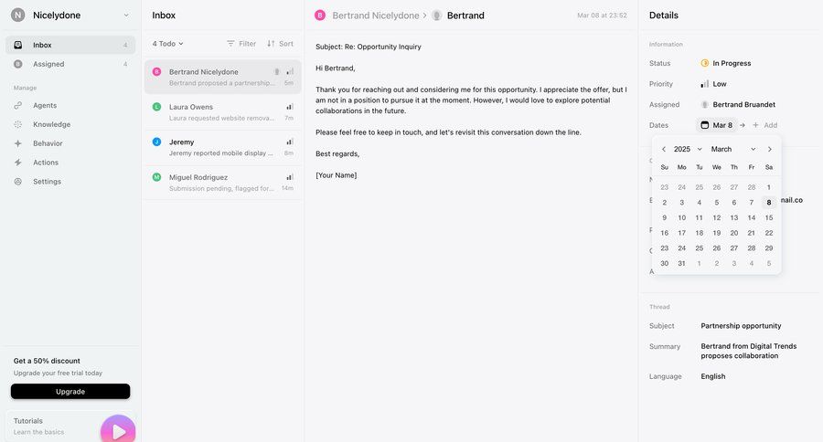Lemni
			 task management sidebar navigation email management email inbox task communication call intelligence sidebar information page detail view item details date picker info view communication messages ui page example