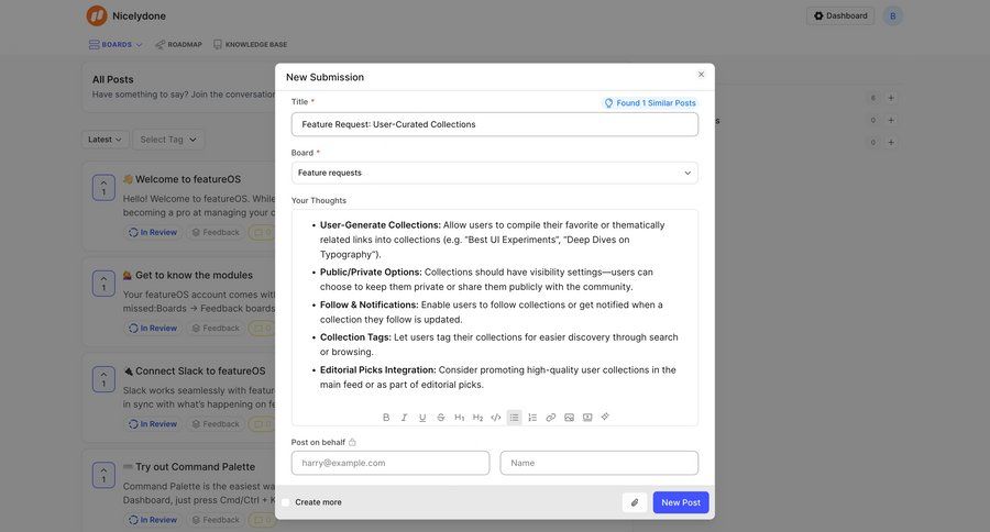 FeatureOS
			 modal screen content management form user feedback create ui page example