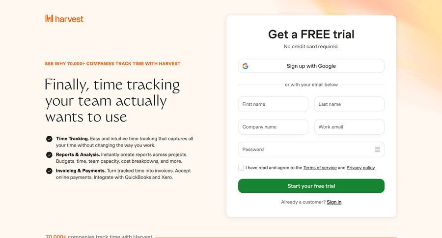 Harvest
				signup page example