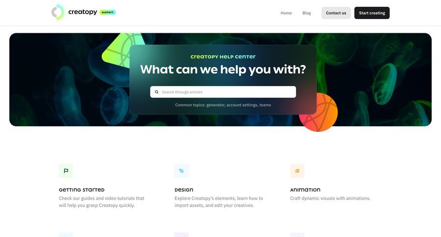 Creatopy
				support / help center ui page example