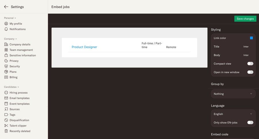 Homerun
			embed integration settings configuration settings sidebar navigation sidebar jobs job code snippet ui page example