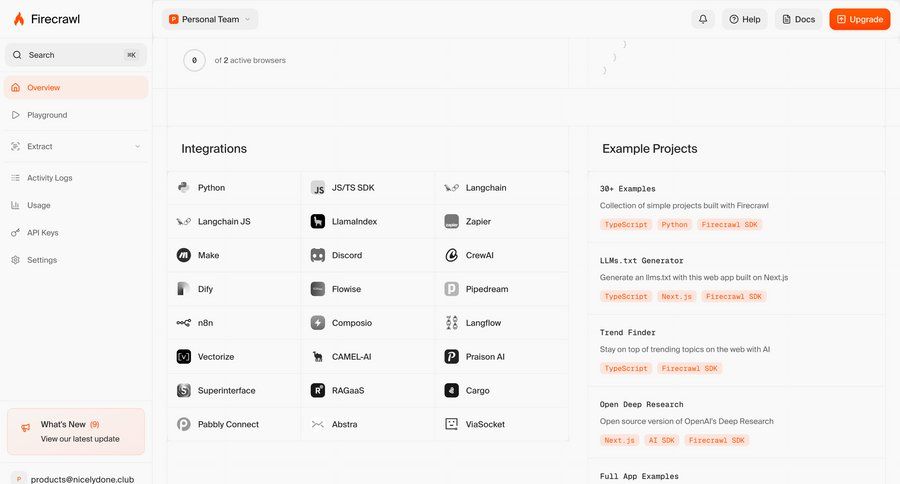 Firecrawl
			home list integrations dashboard dashboard overview sidebar documentation ui page example