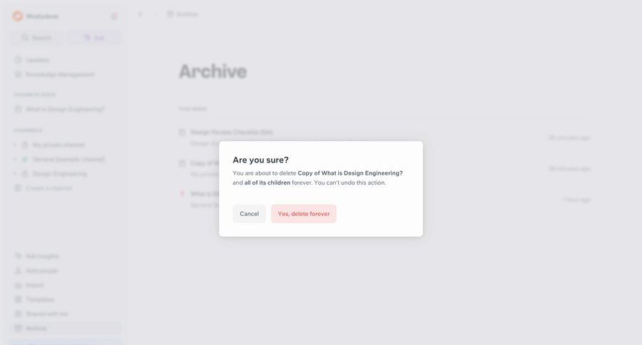Slite
			 data management confirmation cancel deletion confirmation message ui page example
