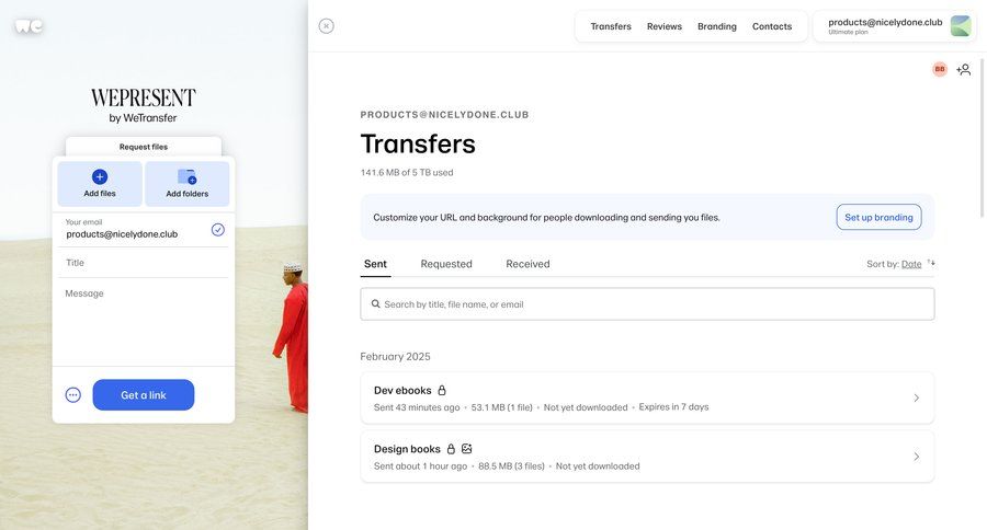 WeTransfer
			 collaboration dashboard file management upload image document list lists file uploader upload file upload media upload documents download search bar file picker avatar upload ui page example