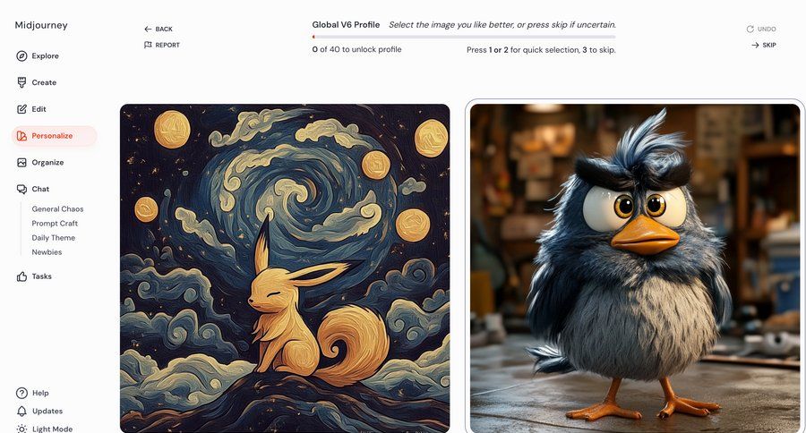 Midjourney
			 settings artificial intelligence grid onboarding profile settings full screen modal user profile progress bar ui page example