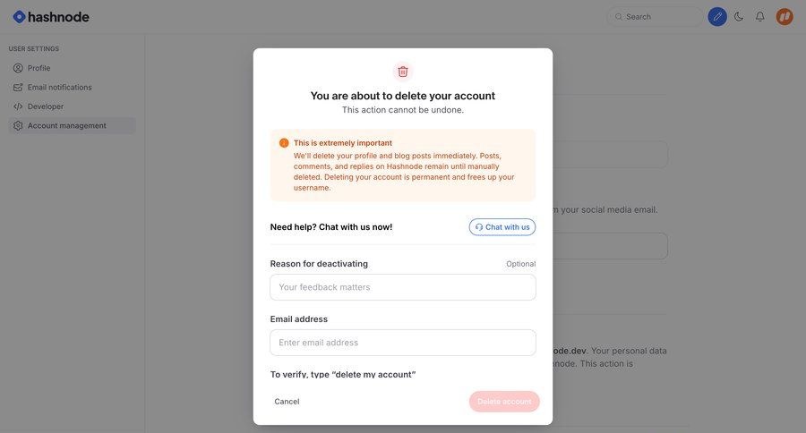 Hashnode
			 settings account management form user settings account security account settings account deletion user feedback rounded corners email verification user version control ui page example