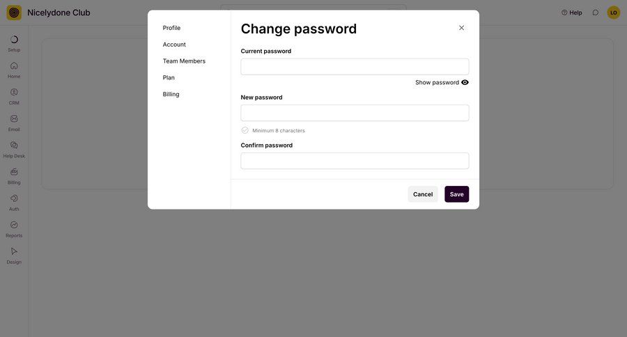 Outseta
			 settings form security user management sidebar navigation account management account settings password management profile settings change password password update save changes settings modal ui page example
