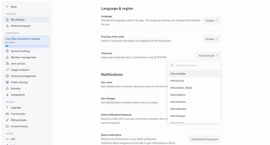 Slite
			 settings form sidebar localization notification settings ui page example