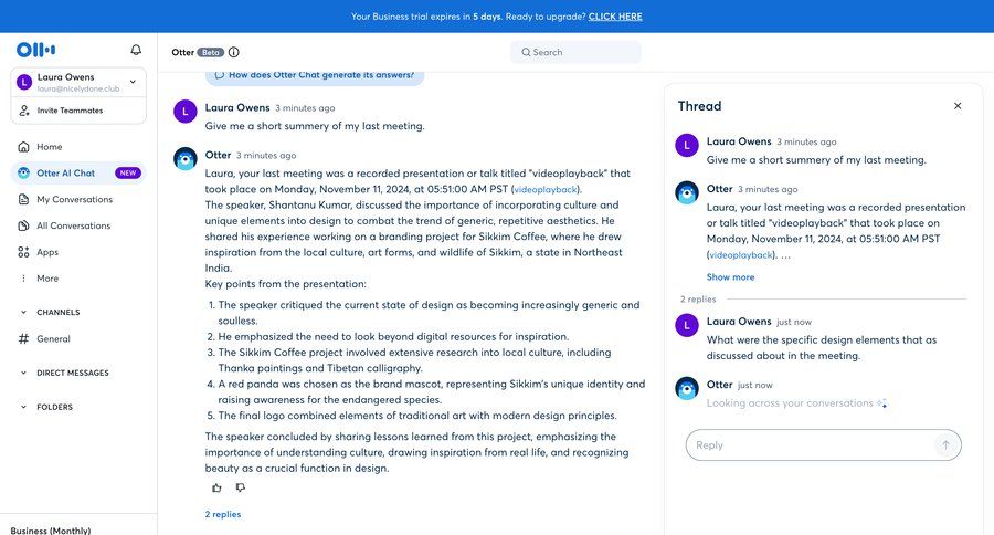 Otter
			 sidebar navigation conversational ui sidebar communication messages menu tips chat interface conversational voice meeting ui page example