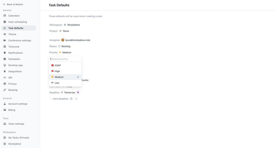 Motion
			 task management configuration settings sidebar navigation project management form account settings parameters menu timezone selector configuration screen ui page example