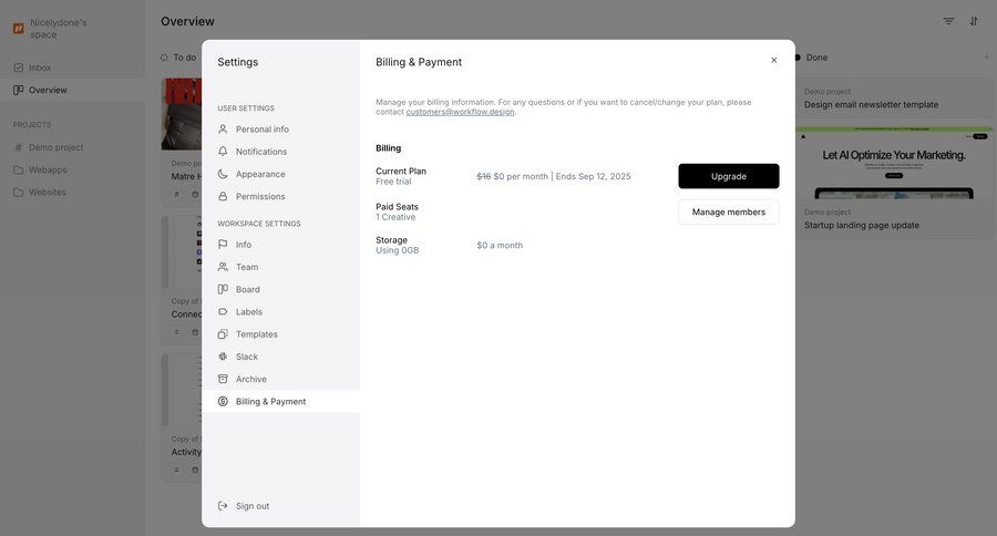 Workflow
			settings upgrade your account billing settings user settings workspace settings ui page example