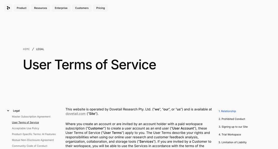 Dovetail
				terms & conditions ui page example
