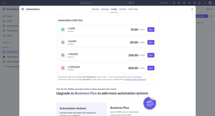 ClickUp
			 modal screen settings account management automation service plans pricing plans subscription plans price payment options premium product packages paywall payment page modern payment confirmation pricing packages pricing calculator ui page example