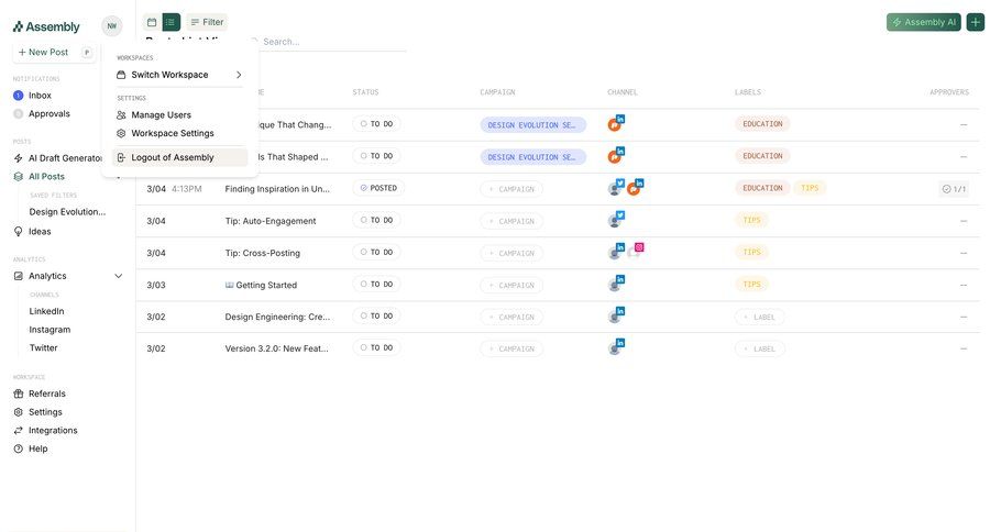 Assembly
			 content management settings dashboard account setup workspace management channel management campaign management dashboard notification personal space menu table ui page example