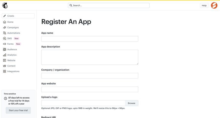Mailchimp
			create form integrations account settings integration settings api integration developer portal ui page example
