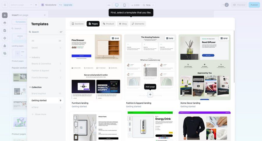 Instant
			collection templates design editor e-commerce grid templates template library template selection video editor free templates dropdown filters folder modern blog templates ui page example