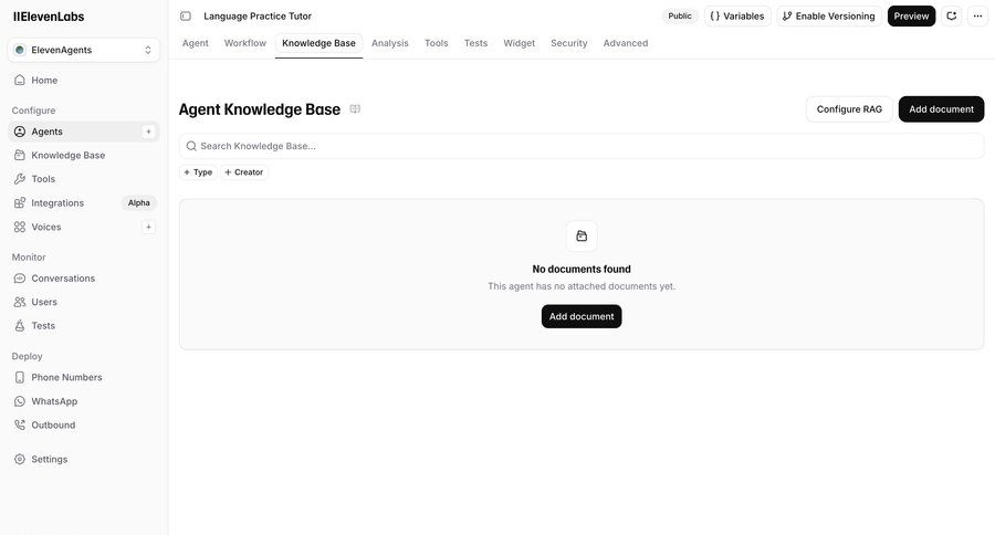 Elevenlabs
			 data management configuration sidebar navigation artificial intelligence document management knowledge base sidebar navigation bar monitoring integration modern ui page example