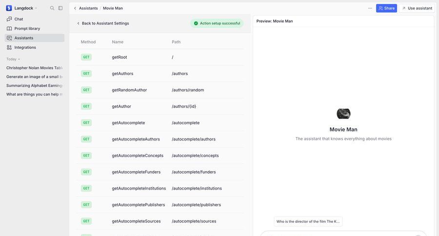 Langdock
			 configuration settings sidebar navigation artificial intelligence split view api management sidebar setup table autocomplete ui page example