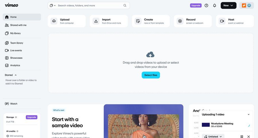 Vimeo
			home upload content management dashboard sidebar navigation onboarding video management create progress bar ui page example