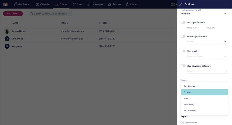 Mangomint
			 data management form data export exporting data data display data filtering filter options table ui page example