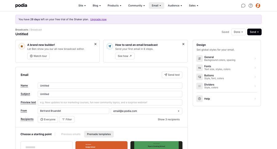 Podia
			 e-commerce grid form design templates template selection send invitation trial checkout color palette color theme login page dashboard layouts check out affiliate program rich text news feed option menu ui page example