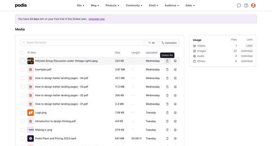 Podia
			 content management delete file upload file management upload image file list screen free trial lists file uploader upload file upload media upload documents media gallery download media assets table map view controls ui page example