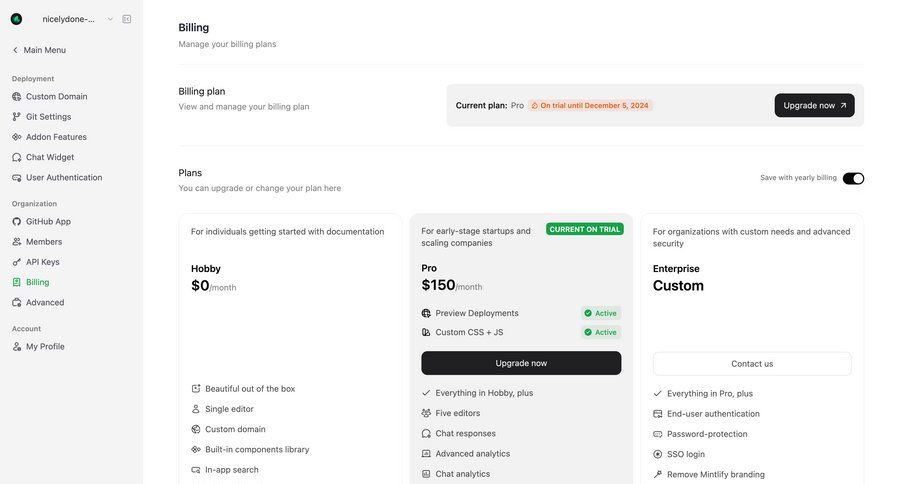 Mintlify
			 sidebar navigation account management account settings subscription management plan comparison billing history security features table enterprise settings global search ui page example