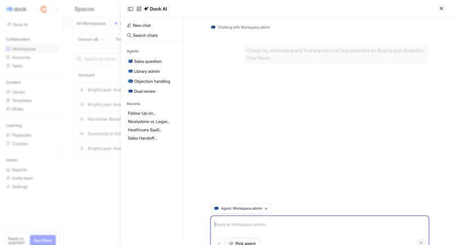 Dock
			 workspace management conversational ui ai assistance conversational interface communication chat interface conversational ai chat ui page example