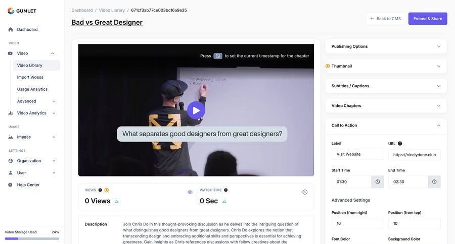 Gumlet
			 content management sidebar navigation form video management video player three-column grid content management system save changes sidebar product details item details time picker vs progress bar accordion ui page example